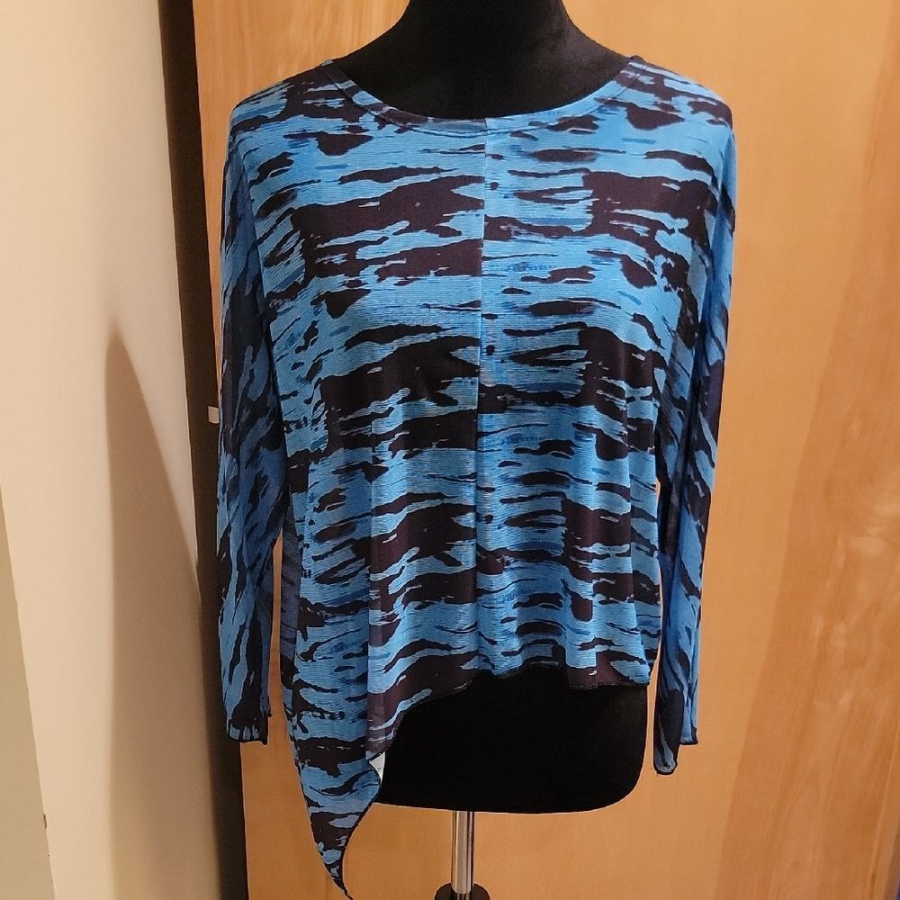 Shana Black Blue Sheer Asymmetrical Long Sleeve Shirt Sz Med